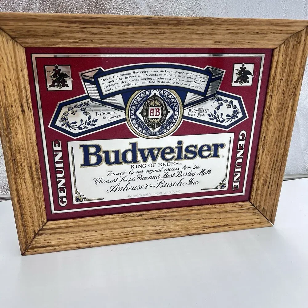 Vintage Budweiser Beer Advertising Solid Wood Framed Mirror Sign Bud-NOS 1981